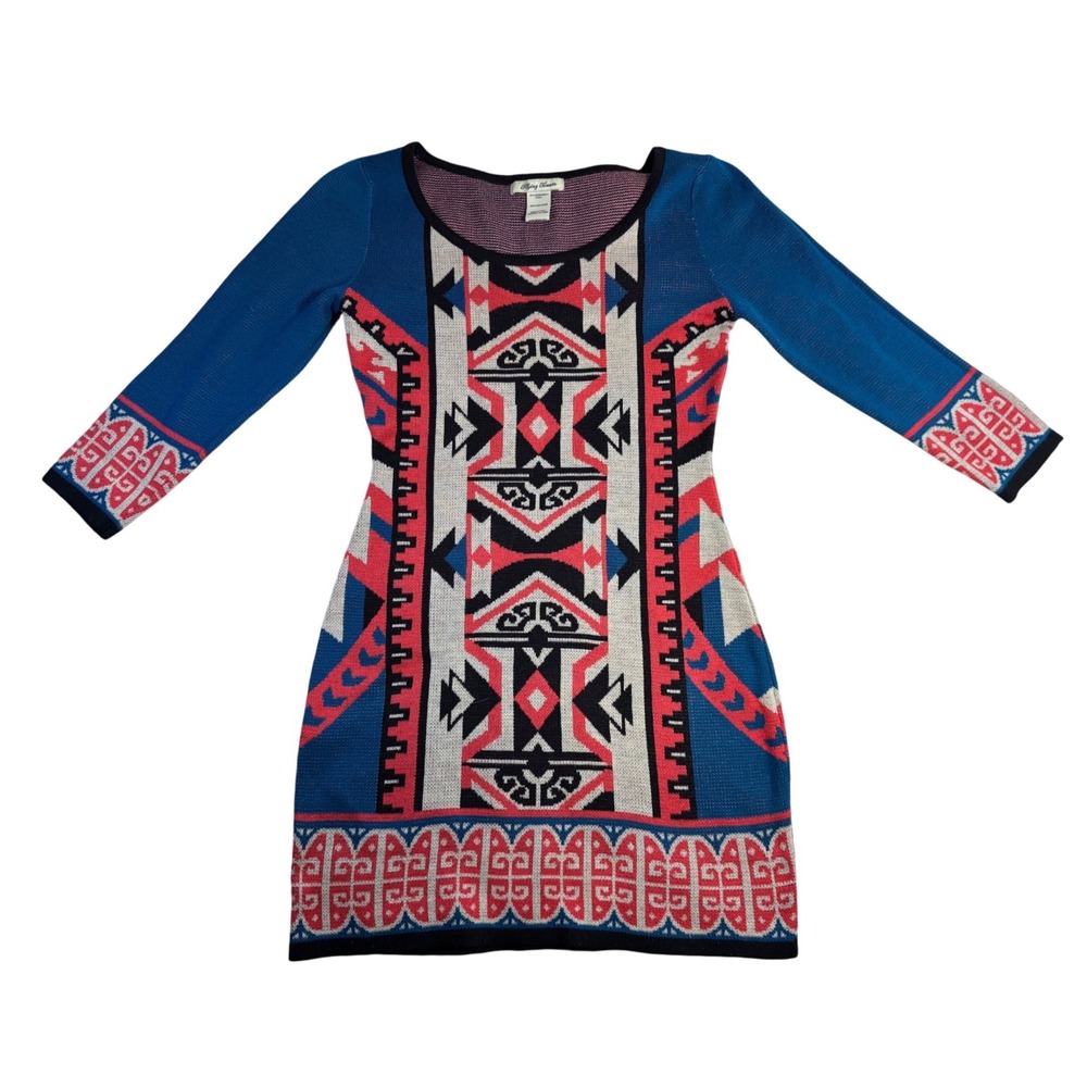 Flying Tomato Womens Blue Aztec Geometric Knit Bodycon Sweater Dress Small